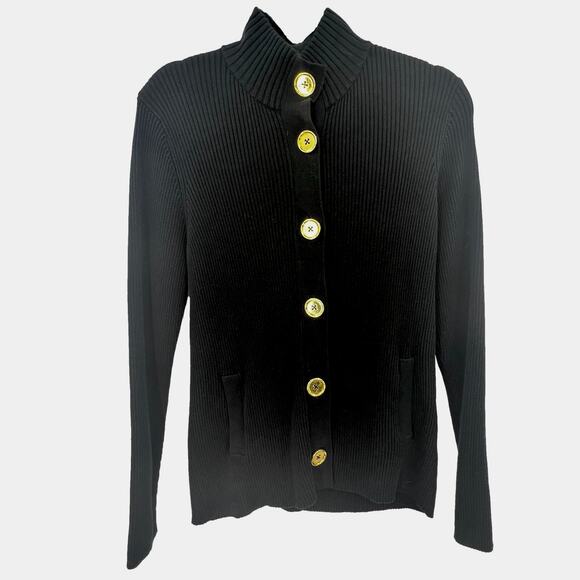 Charter Club Sweater Women's Medium Black Ribbed Gold Buttons - Picture 2 of 7